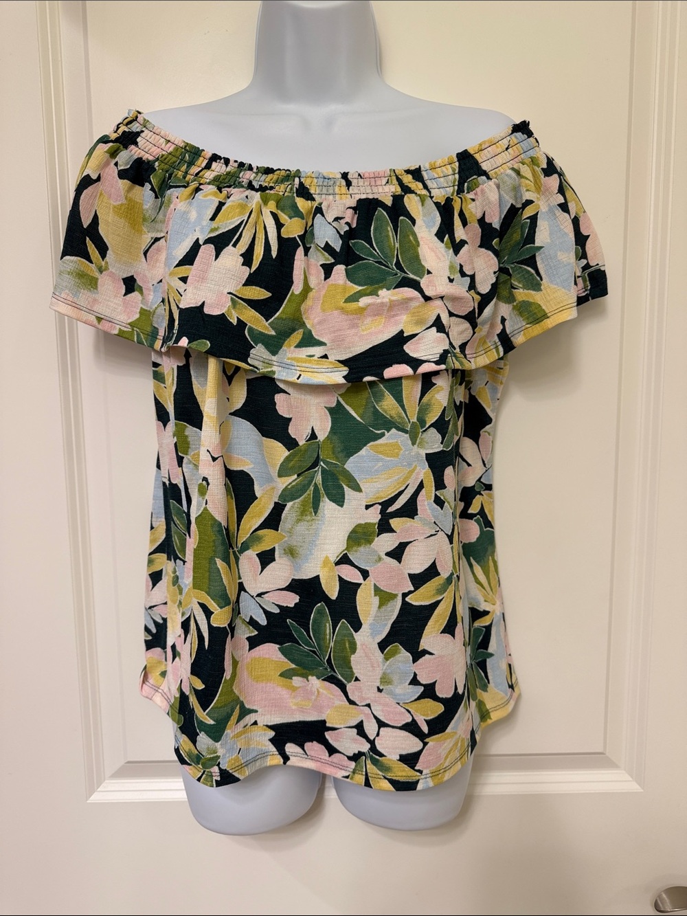 Off-Shoulder Floral Ruffle Top in Black and Pastels